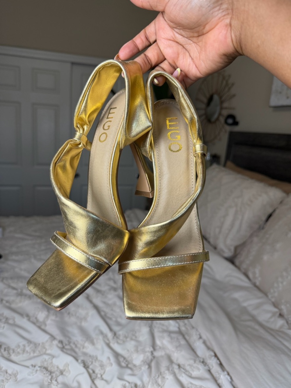 EGO Gold Knotted Strap Square Toe Slingback Heels